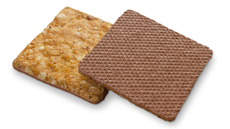 Due biscotti quadrati al cioccolato, uno con un motivo a cialda e l'altro ricoperto di avena.