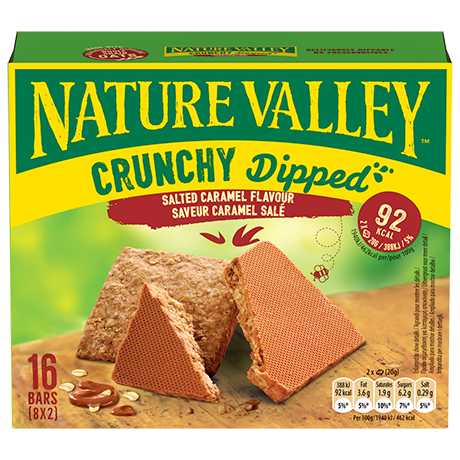 Scatola di barrette Nature Valley al gusto di caramello salato, con immagini delle barrette e informazioni nutrizionali.