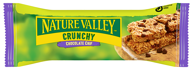 Confezione di barrette di granola Nature Valley Crunchy Chocolate Chip con due barrette di granola e gocce di cioccolato.