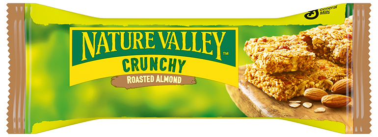 Confezione di barrette di granola Nature Valley Crunchy Roasted Almond con immagine di barrette di granola e mandorle sul lato.