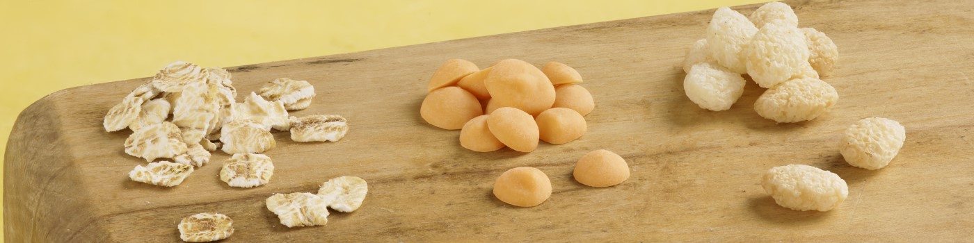 Quattro gruppi di diversi alimenti secchi disposti su una superficie di legno su uno sfondo giallo.