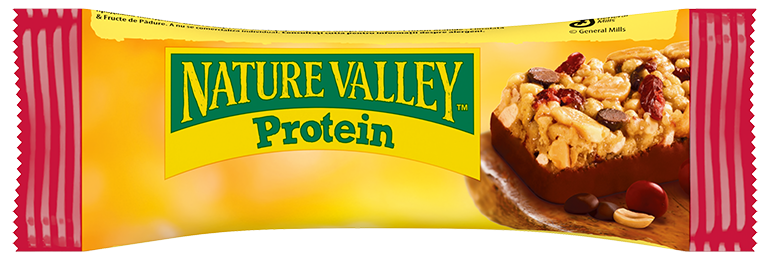 Barretta proteica Nature Valley in confezione originale, con barretta visibile con noci, gocce di cioccolato e frutta secca.