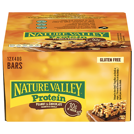 Scatola di barrette proteiche Nature Valley alle arachidi e al cioccolato, confezione da 12, senza glutine, con 10 g di proteine per barretta.